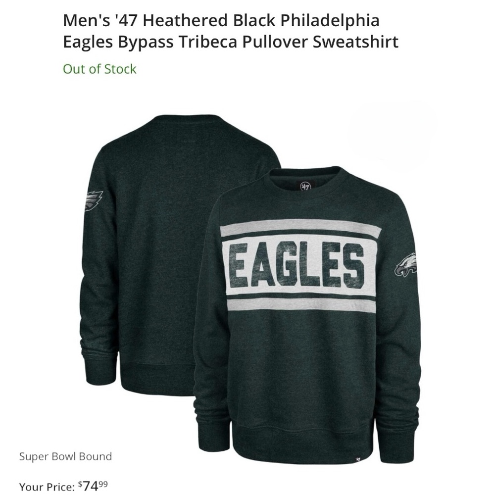 Men's ‘47 Heathered Black Eagles Pullover Sweatshirt! SZ=XL, WORN 2x